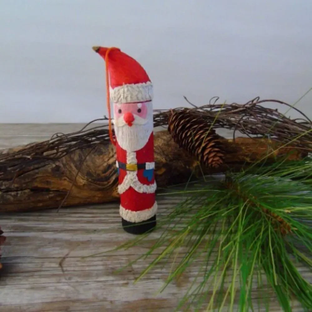 Vintage Christmas Santa Ornament Paper Mache Santa Pencil Shaped Tree Bark